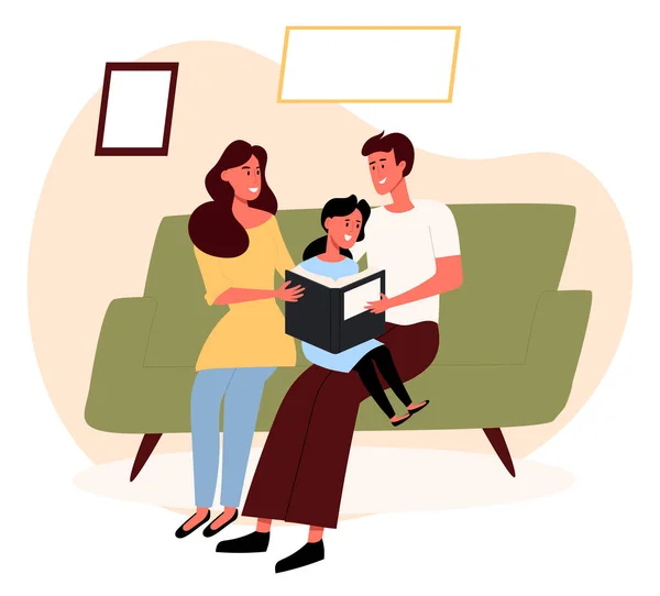 Libro de lectura femenino y masculino con un niño sentado en el sofá. Ilustración de diseño plano. Vector — Vector de stock