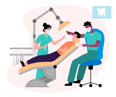 Dişçide bir adam, dişleri tedavi eden siyah bir doktor, yardımcı. Düz tasarım çizimi. Vektör