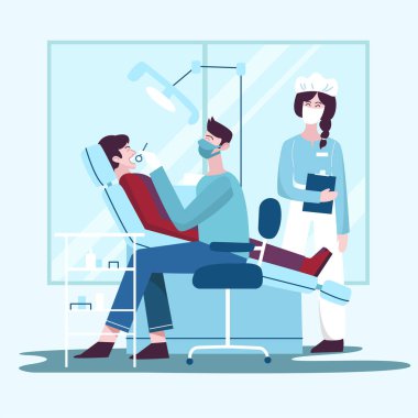 Dişçide bir adam, dişlerini tedavi eden bir doktor, dosyasına gülümseyen bir asistan. Düz tasarım çizimi. Vektör