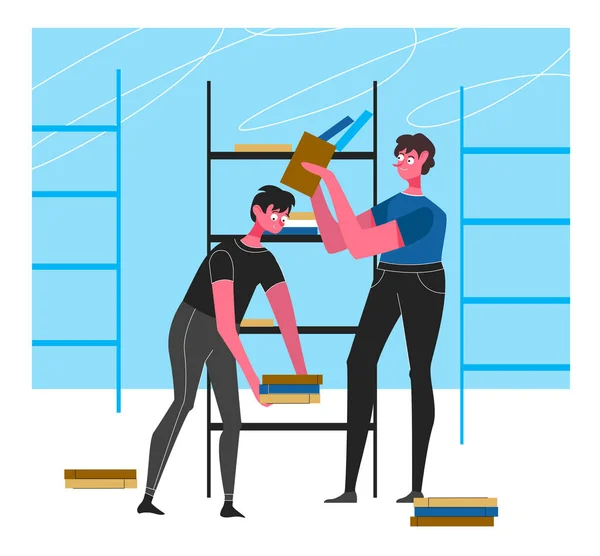 Livres féminins et masculins sur les étagères. Illustration de design plat. Vecteur — Image vectorielle