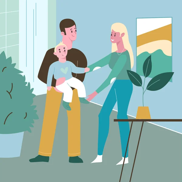 Familj kvinna och man med barn i armar, hem inredning. Platt design illustration. Vektor — Stock vektor