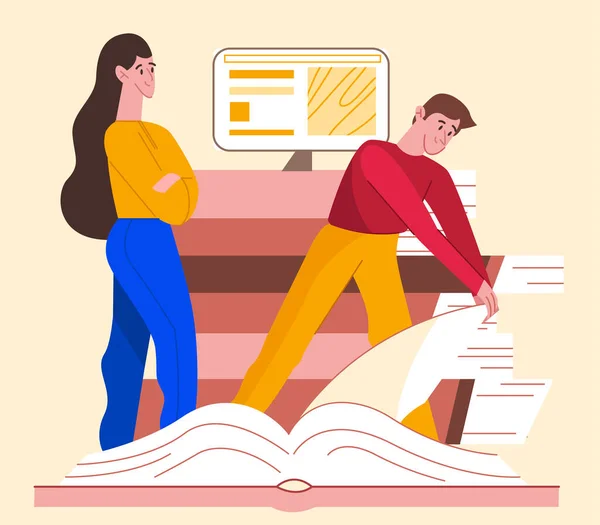 Mannelijke en vrouwelijke studenten met boek en laptop. Platte ontwerp illustratie. Vector — Stockvector