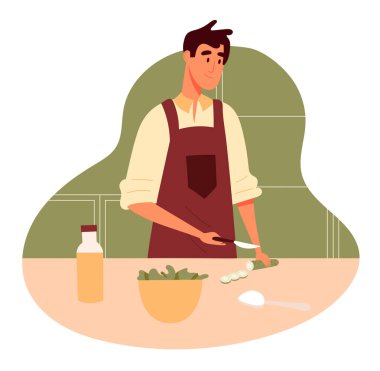 Önlüklü bir adam salata pişiriyor, salatalık kesiyor. Düz tasarım çizimi. Vektör