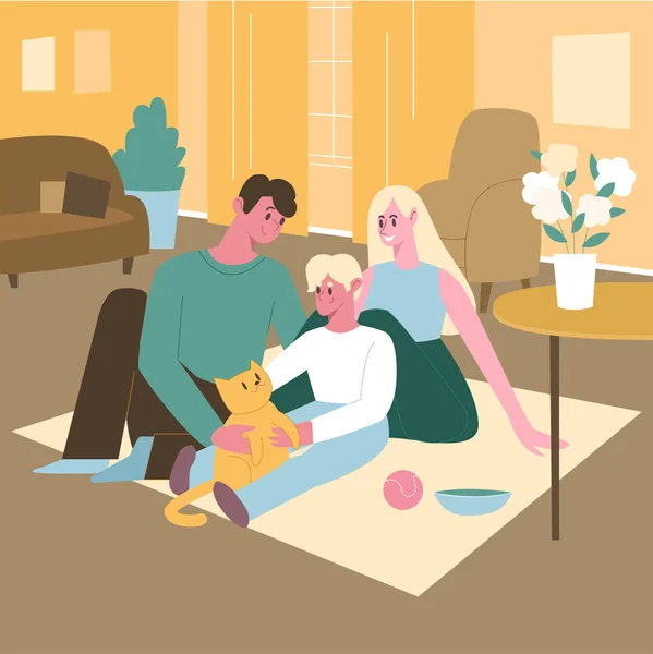 Οικογενειακό θηλυκό και αρσενικό με ένα ενήλικο παιδί στο πάτωμα. Επίπεδη απεικόνιση σχεδιασμού. Διάνυσμα — Διανυσματικό Αρχείο