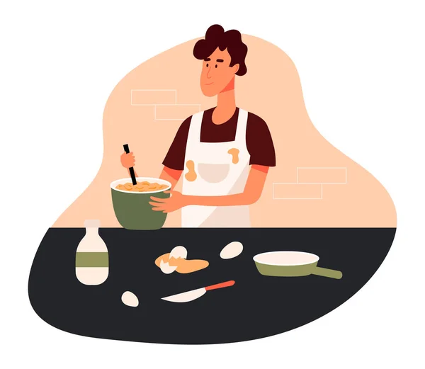 Homme cuisinier faire une pâte, oeufs et poêle sur la table. Illustration de design plat. Vecteur — Image vectorielle