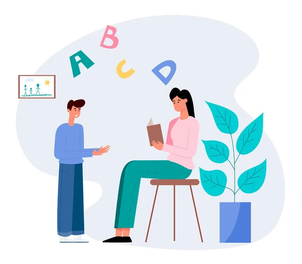 Moeder met zoon die abc leert over thuisonderwijs. Platte ontwerp illustratie. Vector — Stockvector