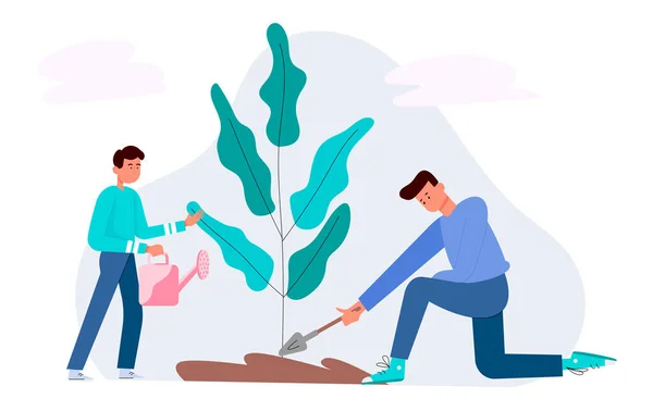 Dos niños cuidan de una planta, regando un árbol. Ilustración de diseño plano. Vector — Archivo Imágenes Vectoriales