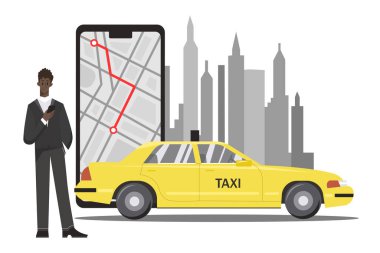Telefon uygulaması, araba ve cihaz ekranı için taksi çağırıyorum. Düz tasarım çizimi. Vektör