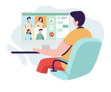 Koltukta oturan bir kadın, içeride video konferansı. Düz tasarım çizimi. Vektör