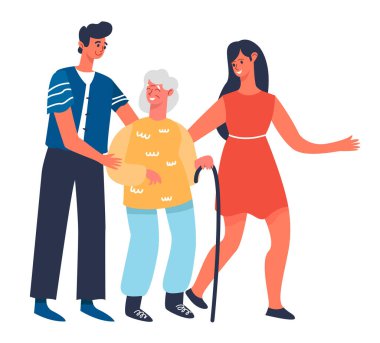 Gençler büyükanneme yürüyüşe çıkmasında yardım ediyor. Düz tasarım çizimi. Vektör