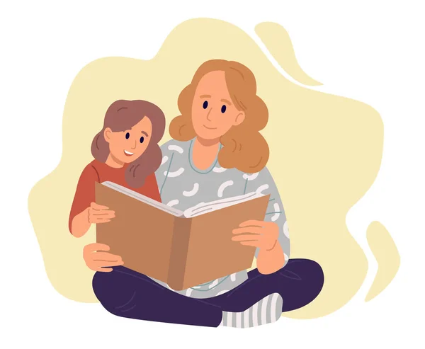 Matka z córką czytająca książkę. Płaska ilustracja. Wektor — Wektor stockowy