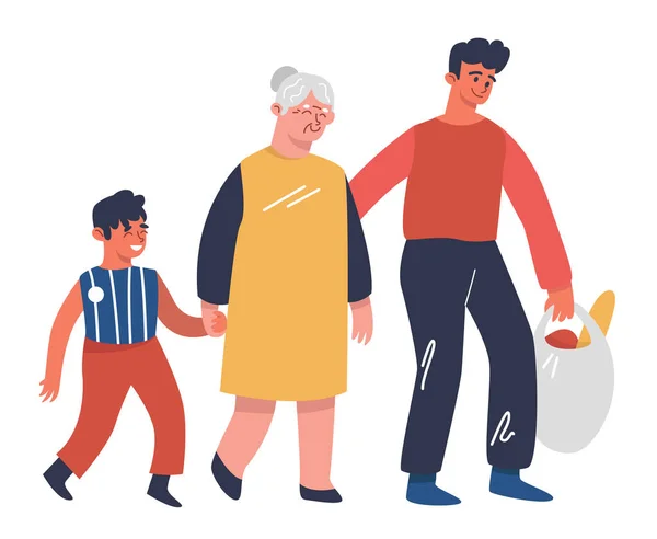 Dos chicos ayudando a la abuela con los productos. Ilustración de diseño plano. Vector — Vector de stock