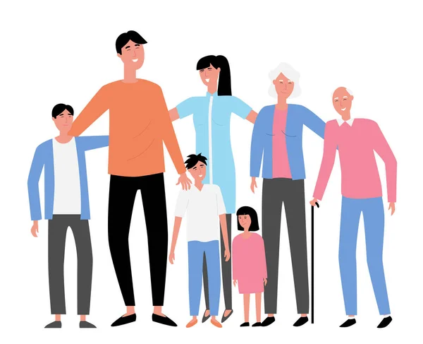 Mujer de familia blanca y hombre con hijos y personas mayores. Ilustración de diseño plano. Vector — Vector de stock