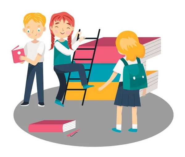 Drie kinderen met boek en aardbol. Platte ontwerp illustratie. Vector — Stockvector