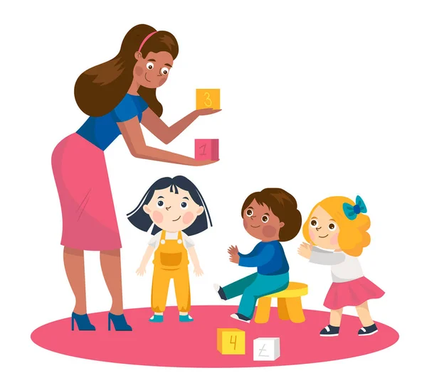 Leraar met blokjes, kleine kinderen die spelen. Platte ontwerp illustratie. Vector — Stockvector