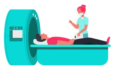 Hasta maskeli doktor, manyetik rezonans görüntüleme yapıyor. Düz tasarım çizimi. Vektör