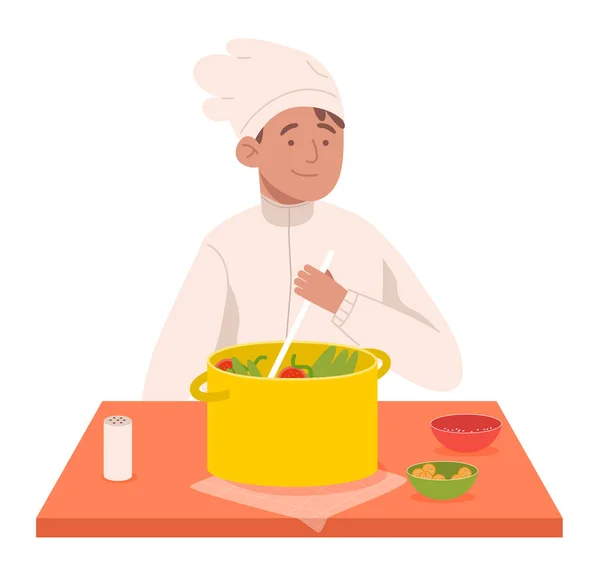 Homme en chef uniforme en remuant la salade dans une casserole. Illustration de design plat. Vecteur — Image vectorielle