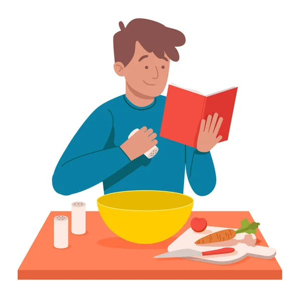 L'homme cuisine en lisant un livre de recettes. Illustration de design plat. Vecteur — Image vectorielle