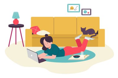 Dizüstü bilgisayarı yerde, kedisi kanepede olan bir kadın. Düz tasarım çizimi. Vektör