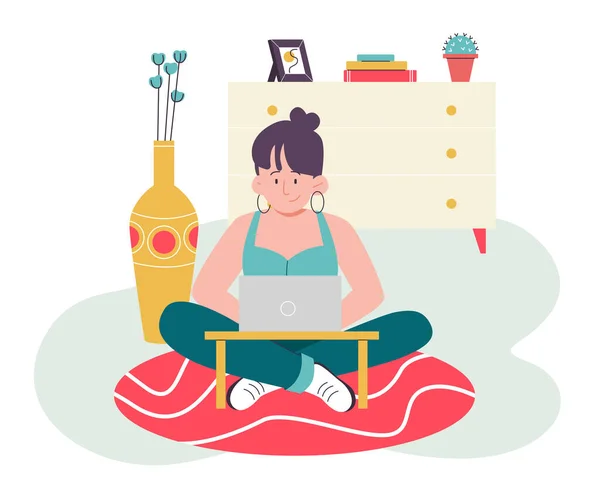 Mulher com laptop sentado no chão. Ilustração de design plano. Vetor —  Vetores de Stock