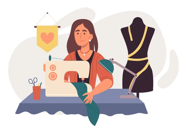 Mujer en casa cosiendo ropa. Ilustración de diseño plano. Vector — Vector de stock