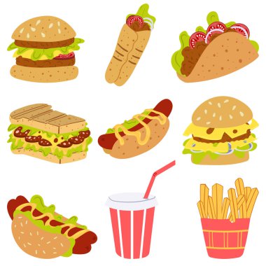 Renkli çizgi film fast food ikonları koleksiyonu. Yiyecek ve içecek konsepti. Çizgi film karakteri düz vektör çizimi.