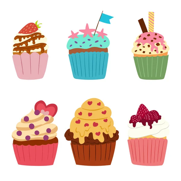 Συλλογή Από Γλυκά Και Cupcakes Κρέμα Γλυκά Γλυκά Διακοσμημένα Κεράσι — Διανυσματικό Αρχείο