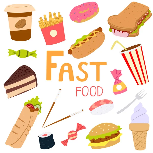 Fast food dishes hand drawn set. Food menu vector flat pictures. Cartoon character flat vector illustration.