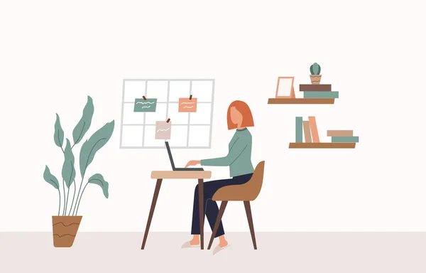 Mulher com laptop sentado em casa interior, freelancer. Ilustração de design plano. Vetor — Vetor de Stock