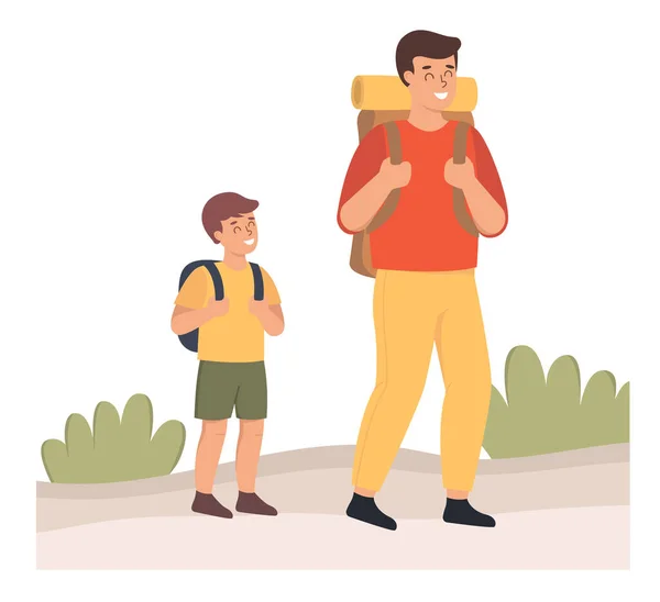 Vater und Sohn auf einer Waldwanderung. Flache Design-Illustration. Vektor — Stockvektor