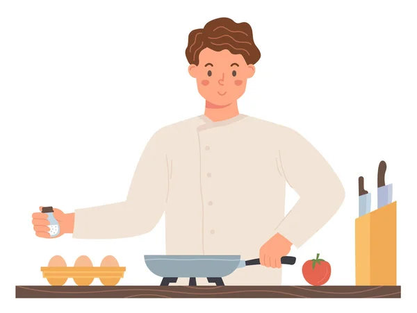 Homme en costume de chef cuisinier oeufs. Illustration de design plat. Vecteur — Image vectorielle