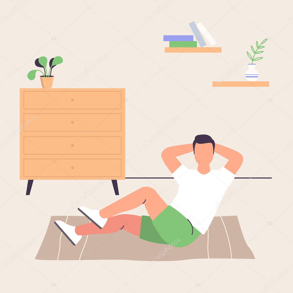 Man doing morning exercises, keeping fit indoors. Flat design illustration. Vector