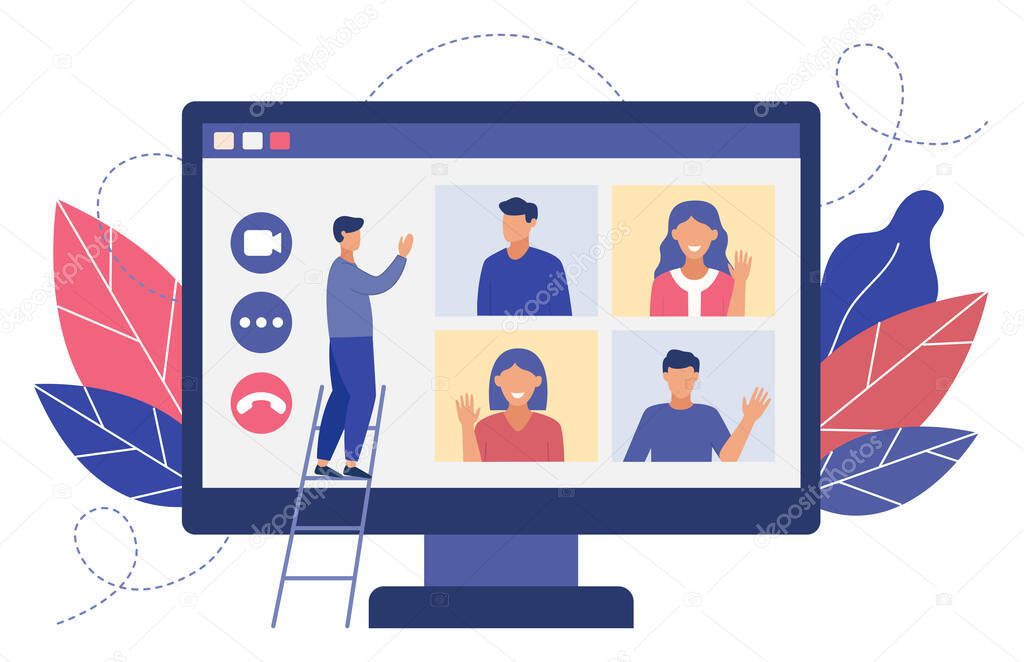 Online video conference with group. Flat design illustration. Vector