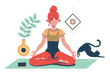 Evde kedisiyle yoga yapan bir kadın. Düz tasarım çizimi. Vektör