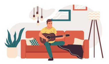 Kanepede gitarlı bir adam. Düz tasarım çizimi. Vektör