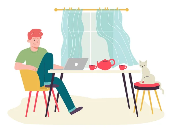 Человек, работающий дома с ноутбуком и котом. Плоский дизайн иллюстрации. Вектор — стоковый вектор