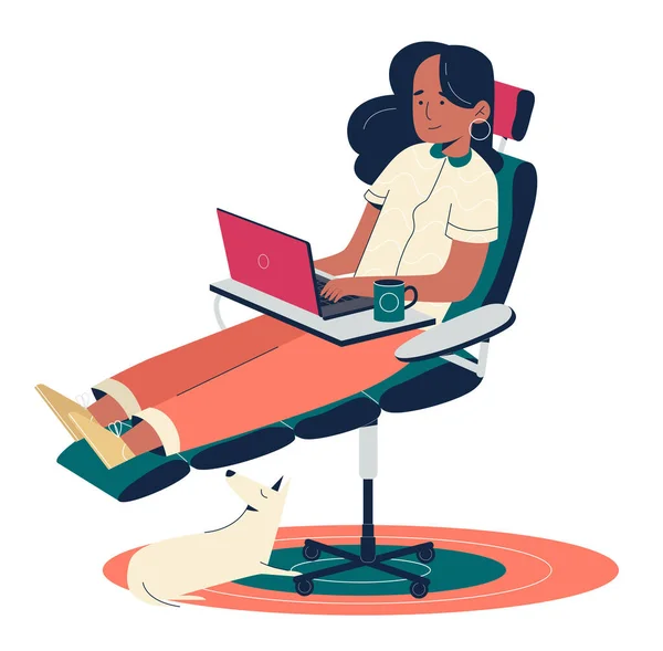 Jovem mulher em cadeira de escritório trabalhando em casa. Ilustração de design plano. Vetor —  Vetores de Stock