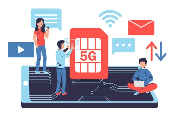 Pessoas com cartão SIM de 5g, usando a internet no dispositivo. Ilustração de design plano. Vetor — Vetor de Stock