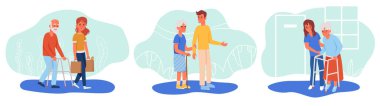 Bir grup sosyal hizmet görevlisi yaşlı insanların yürüteç üzerinde yürümelerine yardım ediyor. Yaşlı bakım konsepti. Çizgi film karakteri düz vektör çizimi.