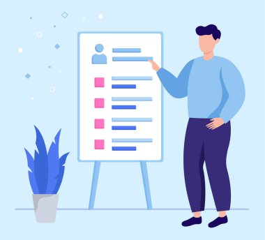 Sunum tahtası olan bir erkek. Düz tasarım çizimi. Vektör