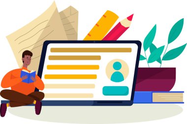 Siyahi adam, cihaz ekranlı bir kitap okuyor. Düz tasarım çizimi. Vektör