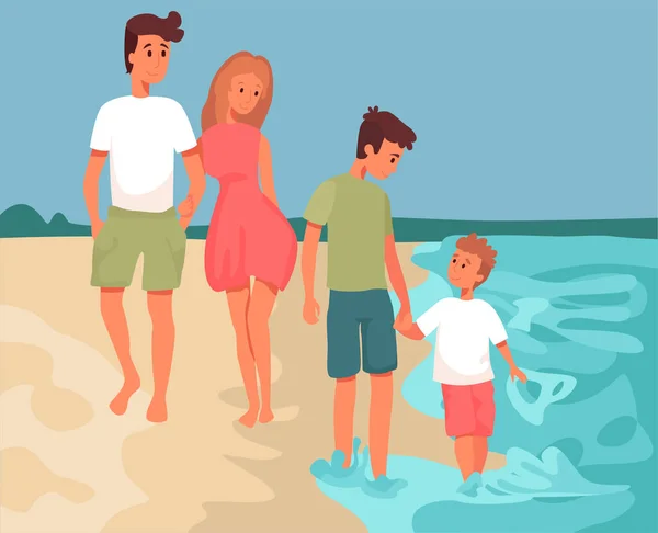 Семья с детьми, гуляющими по пляжу. Плоский дизайн иллюстрации. Вектор — стоковый вектор