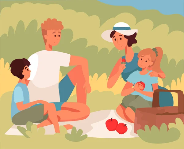 Familie mit Kindern beim Picknick im Sommer. Flache Design-Illustration. Vektor — Stockvektor