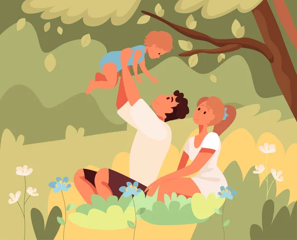 Mujer y hombre con bebé recién nacido en el bosque. Ilustración de diseño plano. Vector — Vector de stock