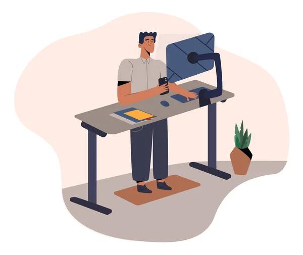 Homem com computador em pé em casa interior. Ilustração de design plano. Vetor — Vetor de Stock