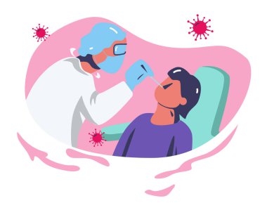 Doktor koronavirüs testi yapıyor. Düz tasarım çizimi. Vektör