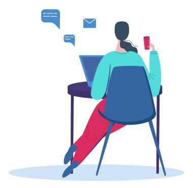 Ofis işi, dizüstü bilgisayarı olan kadın. Düz tasarım çizimi. Vektör