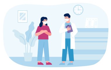 Hasta ve doktor koruyucu maske takıyor. Düz tasarım çizimi. Vektör