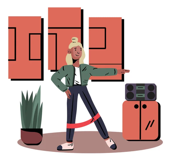 Mujer haciendo deportes en casa con banda de resistencia. Ilustración de diseño plano. Vector — Archivo Imágenes Vectoriales