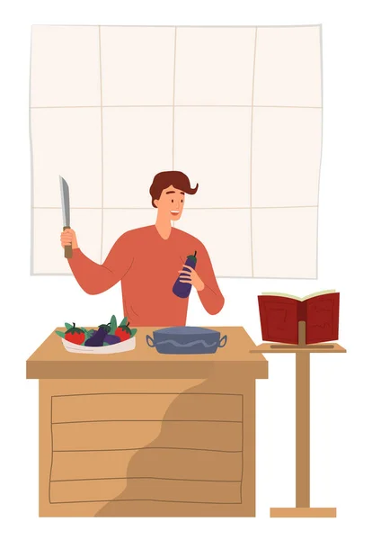 Homem cozinhar legumes e ler receitas. Ilustração de design plano. Vetor — Vetor de Stock